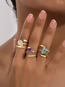 3 Pcs Raw Stone Amethyst Crystal Decor Statement Rings Set For Women - Multicolor - View 1