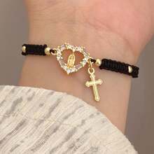 1 pezzo Braccialetto intrecciato regolabile ispirato alla fede, con disegno della Vergine Maria e della Croce, placcato in oro 18K in rame con zirconia cubica, adatto per uomo e donna per uso quotidiano