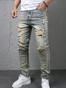 European & American Retro Style Distressed Young Men's Creative Hanging Loop Slim Fit Straight Leg Blue Jeans