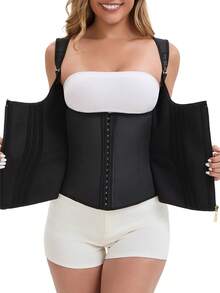 Latex Material Vest Style With Snap Buttons And Zipper, Built-In Abdominal And Back Support. - Black - View 4