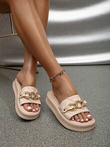 Ladies' Fashion Thick Sole Slip-On Slippers With Golden Buttons, Minimalist & Practical - Beige - View 1