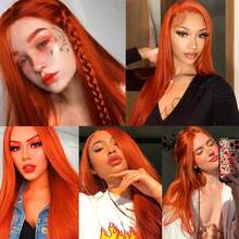13X6 Platinum White Synthetic Lace Front Wigs 28 Inch Pre Plucked Long Straight Hair Wigs Glueless White Wigs Heat Resistant Fiber Hair Natural Halloween Wigs Platinum Blonde Lace Front Wigs For Women For Daily Christmas Party Cosplay Use - Red Orange - 查看 11