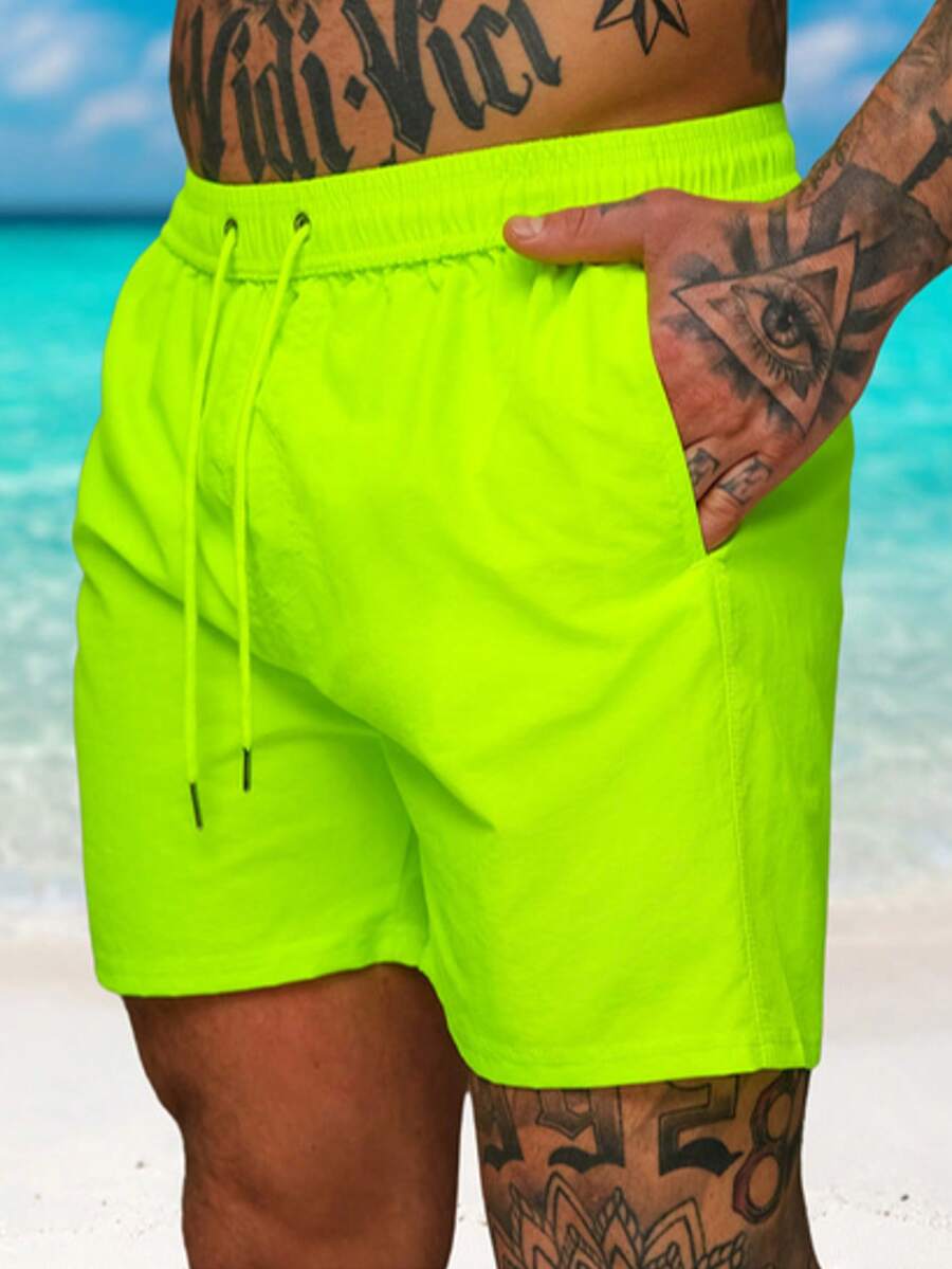 Men's Casual Solid Color Drawstring Waist Beach Shorts, Breathable - Yellow - View 1