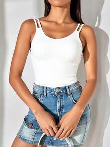 Blusa Tirantes Dobles Básica Cuello Redondo Tela Acanalada Fresca Suave Verano Primavera Juvenil Dama Chic Aesthetic - Blanco - Ver 3