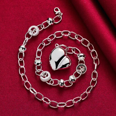 Collar con colgante de corazón hueco liso plateado en plata de ley 925 para mujer y hombre, joyería para boda, compromiso y fiesta