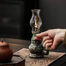 1pc Ceramic Kiln-Fired Glaze Oil Lamp With Handle And Shade, Adjustable Wick Camping Oil Lamp, Indoor Ceramic Oil Lamp Candlestick, Oil Lamp/Hurricane Lamp With Fire Control Knob, Suitable For Christmas, Easter, Ramadan, Valentine's Day, Gifts