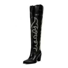 Thigh High Cowboy Cowgirl Boots For Women, Over The Knee Western Boots With Vintage Embroidery, Side Zipper, Chunky Heel Design - Black - View 4