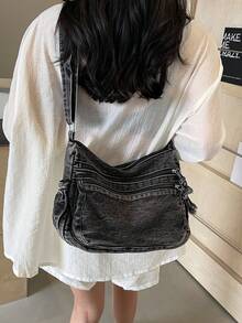 Women's Casual Solid Color Canvas Crossbody Bag With Multiple Pockets - 黑色 - 查看 6