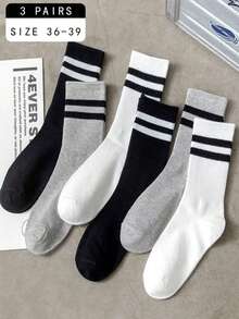 3/6pairs Women Striped Pattern Casual Crew Socks, For Daily Life, Fall Socks