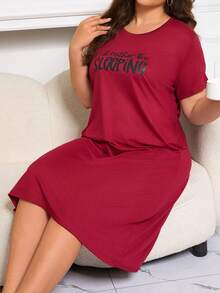 1pc Plus Size Women Plus Size Casual Round Neck Daily Sleepwear Nightgown Dress For Mother's Day - Burgundy - View 2