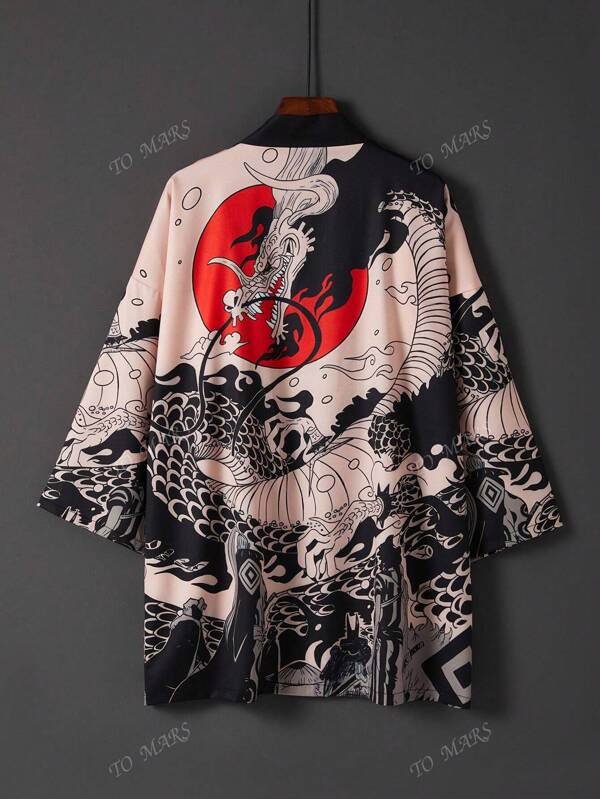 Kimono estilo chino retro suelto con estampado de dragón de manga 3/4 para cubrir, diseño callejero de nicho de verano, protector solar tipo capa para playa