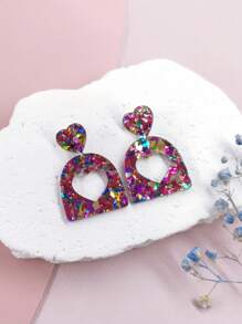 1 Pair Of [Retro Sweet] Geometric Love Sparkling Pink Earrings For Women With Exaggerated Hollow Out Earrings, Exquisite And Sweet Earrings, Elegant Long Earrings