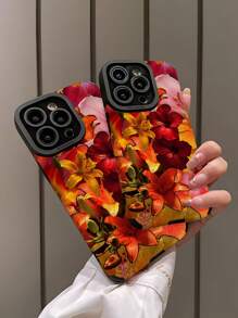 Flower 1pc Cute & Tender Pink Floral Vertical Stripes Faux Leather Shockproof Anti-Fingerprint Phone Case, Compatible With Apple & Models