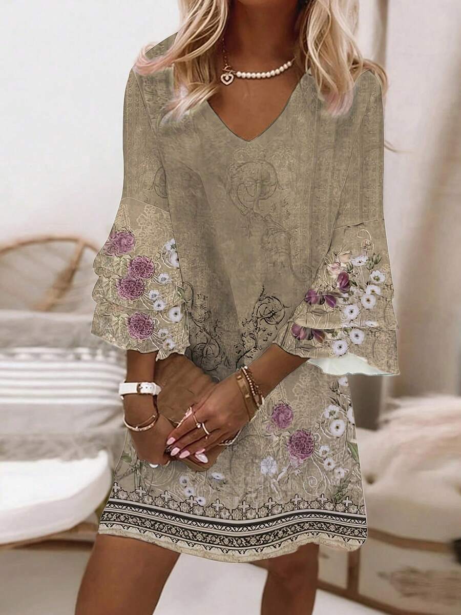 Vestido elegante de manga larga con cuello en V estampado para mujer