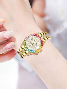 两件套金色女士手表套装，奢华时尚百搭，包含一款镶钻石英表，适合日常佩戴或作为节日礼物。 - 金色 - 查看 4