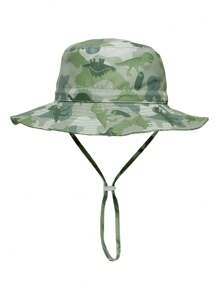 1pc Kids Sun Protection Bucket Hat With Windproof Rope, Simple Solid Color Or Cartoon Print Design, Thin Breathable Bucket Hat, Beach Hat And Bucket Hat Suitable For Daily Travel