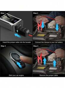 بادئ تشغيل السيارة، شاحن بطارية السيارة، بنك طاقة بادئ التشغيل (يصل إلى 10 لتر بنزين أو 8.5 لتر) مع شاحن محمول، ضوء طوارئ LED، مطرقة، بوصلة