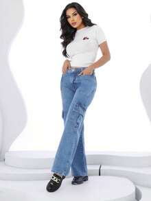 Jeans Anchos cargos para Mujer de Corte Ceñido con Cintura Alta Moldeadora y Tela Súper Elástica que Resalta la Silueta que Levanta el Trasero - azul real - Ver 3