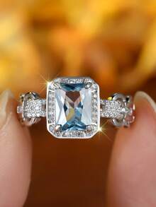 Elegant 925 Sterling Silver Square Aquamarine Zirconia Ring, Perfect For Women As Wedding, Engagement, Party, Anniversary Jewelry Gift - Silver - View 1