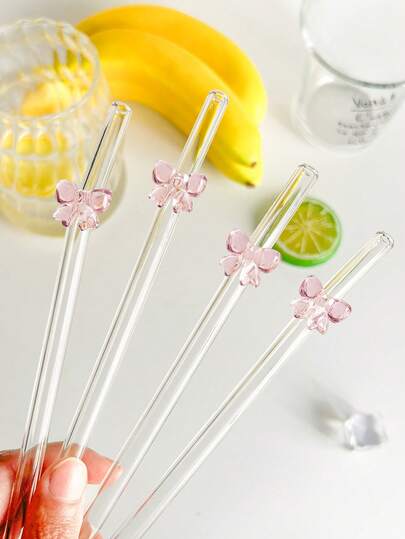 1/2/4/6/8Pcs Reusable Cartoon Pink Bowknot/Bows Decorations Glass Straws, Cute Clear Bent Party Drinking Glass Straw,For Kitchen Accessories,Water Cup,Cold Drinks, Milk Tea, Coffee, Juice, Smoothies, Kitchens, Restaurants, Cocktail Parties, Back-To-School, Gifts For Girlfriends/Boyfriends, Parents, Friends, Holiday Supplies.