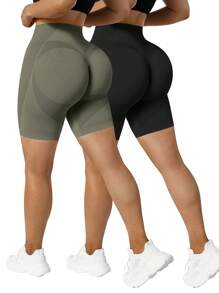 2 peças Shorts de Ioga Sem Costura Fitness Esportivo Feminino, Cintura Alta com Controle da Barriga, Levantamento do Bumbum, Secagem Rápida, Shorts Altamente Elásticos