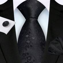3 Piece Set: 8cm Floral & Patterned Necktie, Handkerchief, And Cufflinks Men's Necktie Set, High Quality Classic Business & Casual Tie Set, Men's Wedding Accessories, Family, Christmas, Party Gift