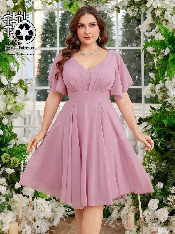 UNITHORSE UNITHORSE Polyester V-Ausschnitt Rüschen Ärmel Büsten Gerafftes Asymmetrisches Chiffon Brautjungfern Kleid für Frauen