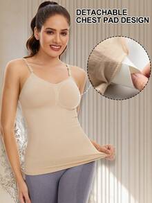 Women Tummy Control Shapewear Tops With Built In Bra Cami Vest Compression Camisole Tank Top Padded Body Shaper Slimming Underwear ,Spaghetti Strap V-Neck Camisole Cami Long Enough For Tall Women - 米色 - 查看 7