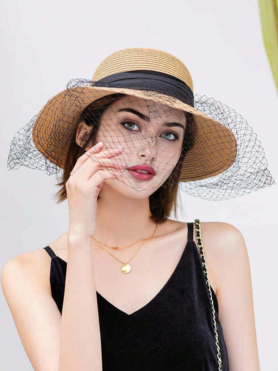 1pc Women's Organza Fashion Straw Hat, Vintage Elegant Wide Brim Beach Sun Hat, Suitable For Outdoor Activities - MZ2873 - View 1