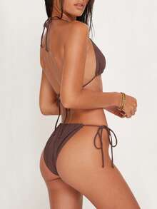 New European & American Style Women's Sexy Simple Solid Color Chest Front Waist Amber Decor Halter Drawstring Bikini Two Pieces Set, Suitable For Beach And Ocean - Grey - View 5