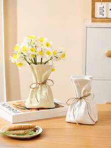 1pc Bohemian Style Farmhouse Linen Texture Faux Ceramic Plastic Vase, Rich Surface Texture, Suitable For Home Decor, Housewarming, Wedding Gift, Unisex Rustic Desktop Decoration Flower Vase