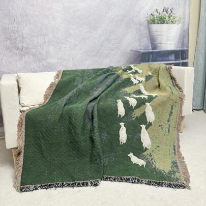 1pc Lamb Under The Sky Pattern Bohemian Tassel Jacquard Weave Blanket, Thick, Soft, No Printing, Washable, Easy Care, Colorfast, Suitable For Home Decor, Sofa, Chair, Bed, Wall Hanging, Tablecloth, Floor, Garden, Picnic, Outdoor Camping