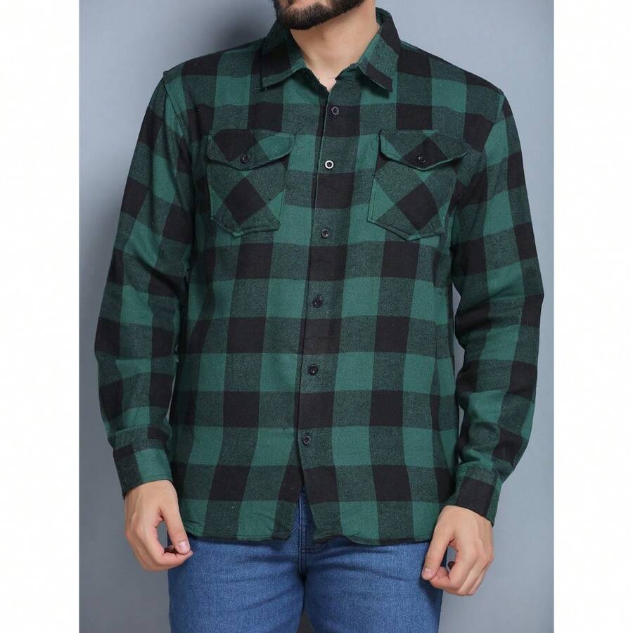 MEN'S CHECKED FLANNEL LONG SLEEVE SHIRTS TAKE ADVANTAGE - Green - View 1