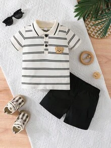 2 件套婴儿/幼儿男孩可爱熊条纹短袖衬衫 + 仿口袋短裤套装，休闲可爱户外装，夏季 - 黑色 - 查看 1