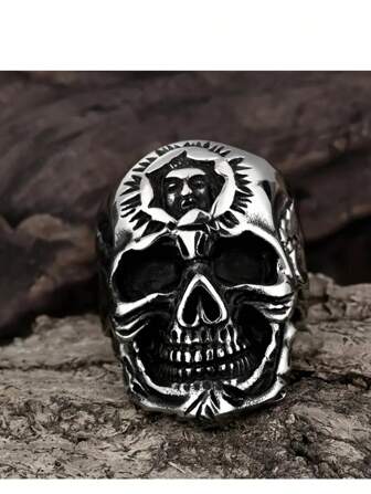 1pc Vintage Punk Style Stainless Steel Skull Ring, Fashion Men's Ring