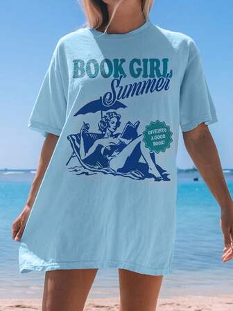 Maglietta estiva casual estiva da donna oversize a maniche corte, scollo tondo, tema libro e ragazza, adatta per fan di libri e spiaggia, ideale per vacanze e relax, in tessuto traspirante, adatta per l'estate, uso quotidiano e viaggi divertenti, regalo per lei