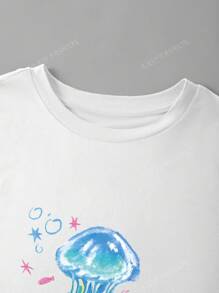 Casual Blue Jellyfish Print White Round Neck Short Sleeve T-Shirt, Slim Fit For Women, Summer Holiday