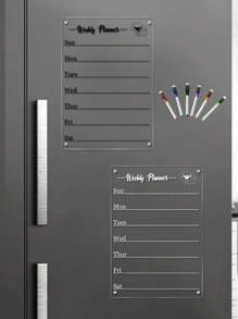 1 set d'aimants de frigo en acrylique avec chiots et lettres noir et blanc, un planificateur hebdomadaire magnétique transparent pour tableau blanc, un tableau de message réutilisable, des aimants de décoration de frigo (comprend 6 marqueurs de tableau blanc)