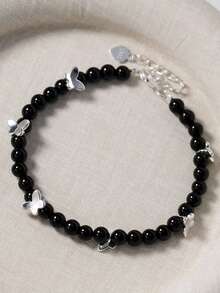 925 Sterling Silver Shiny Butterfly & Elegant Black Agate Fashion Bracelet, Versatile, Ideal Gift For Family, Friends And Couples - Black - View 2