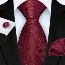 3 Piece Set: 8cm Floral & Patterned Necktie, Handkerchief, And Cufflinks Men's Necktie Set, High Quality Classic Business & Casual Tie Set, Men's Wedding Accessories, Family, Christmas, Party Gift