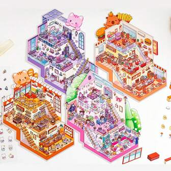 Pegatinas 3D estereoscópicas de paisajes, pegatinas de bricolaje hechas a mano de dibujos animados para decoración de diarios, collage, mascotas en miniatura, scrapbooking, útiles escolares, vuelta al colegio