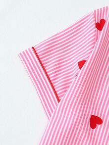 Striped Heart Pattern Short Sleeve & Shorts Women Pajama Set - Red - View 4