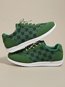 Women's Flat Lace-Up Non-Slip Casual Running Shoes, Size 35-43, Spring/Autumn, Suitable For Hiking, Dancing, Fitness, White Leather, Casual Sports Sneakers - Green - View 4