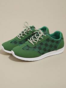 Women's Flat Lace-Up Non-Slip Casual Running Shoes, Size 35-43, Spring/Autumn, Suitable For Hiking, Dancing, Fitness, White Leather, Casual Sports Sneakers - Green - View 2