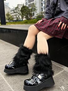 1 Pair Black Solid Color Fuzzy Faux Fur Leg Warmers, Y2K Style, All Seasons