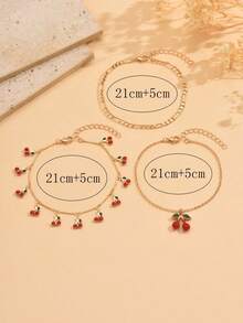 3pcs/Set Sweet Cherry Pendant Anklet, Cute Cherry Tassel Foot Jewelry Fashion Anklet Set, Suitable For Daily Wear, Beach Party, Dating - Multicolor - View 4