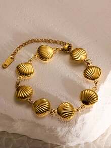1pc Stainless Steel Non-Fading Stylish Minimalist Seashell Striped Bracelet, Beach - Gold - View 4