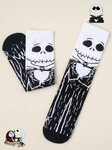 Disney 1 par, unisex, calcetines de media caña con dibujo de Jack de Disney, contraste negro y blanco, tejido suave, ajuste elástico, estilo gótico oscuro, set de calcetines de pareja/mujer, edición limitada para Pascua/verano/Halloween/pareja/mujer/calcetines blancos