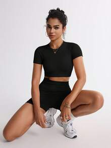 TCVC 2 Pieces Women Seamless Sportswear Set, Black Round Neck Short Sleeve + High Waist Shorts, Opaque, Highly Elastic, Form-Fitting Design For Running, Yoga, Fitness, Outdoor Activities, Casual Daily Wear - Black - View 6