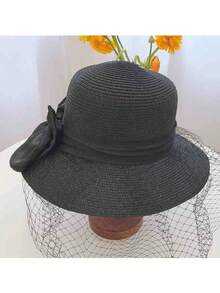 1pc Women's Organza Fashion Straw Hat, Vintage Elegant Wide Brim Beach Sun Hat, Suitable For Outdoor Activities - MZ2873 - View 4